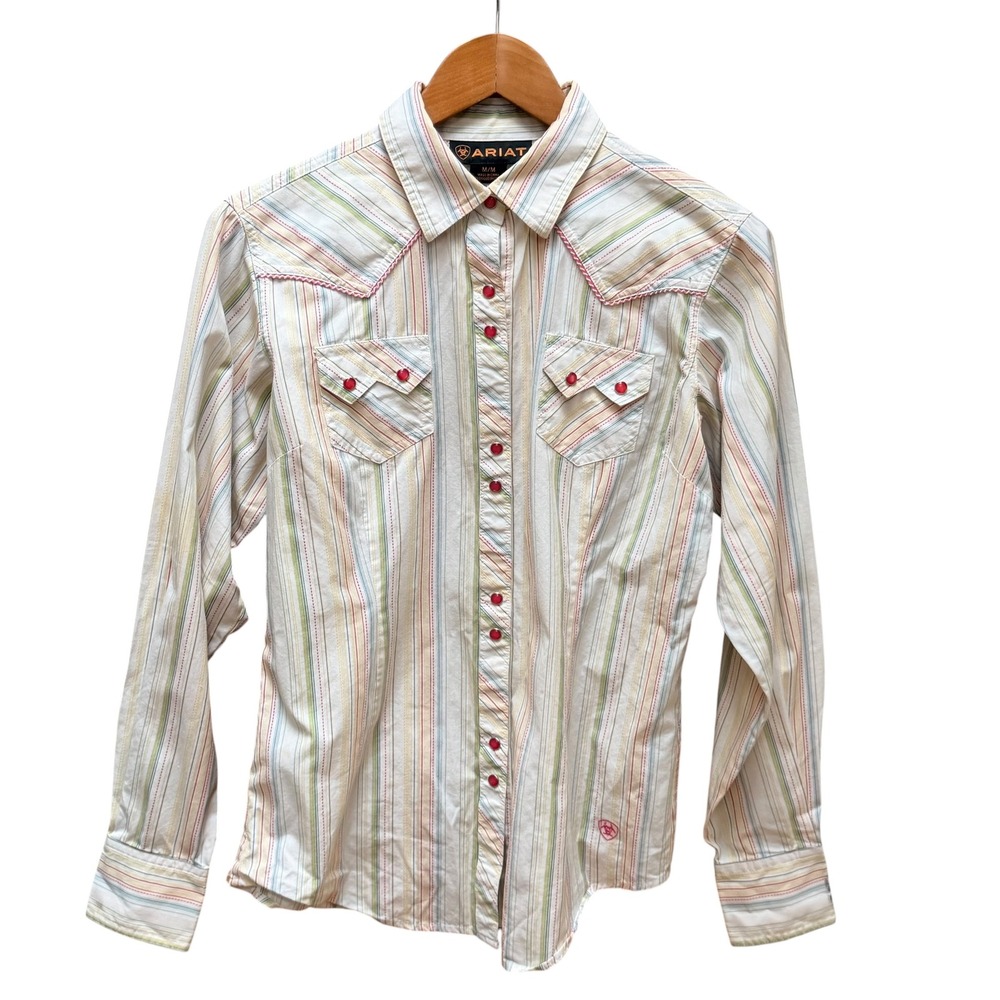 Ariat Western Shirt Womens M Pink Blue Striped Pearl Snap Cowgirl Rodeo Country